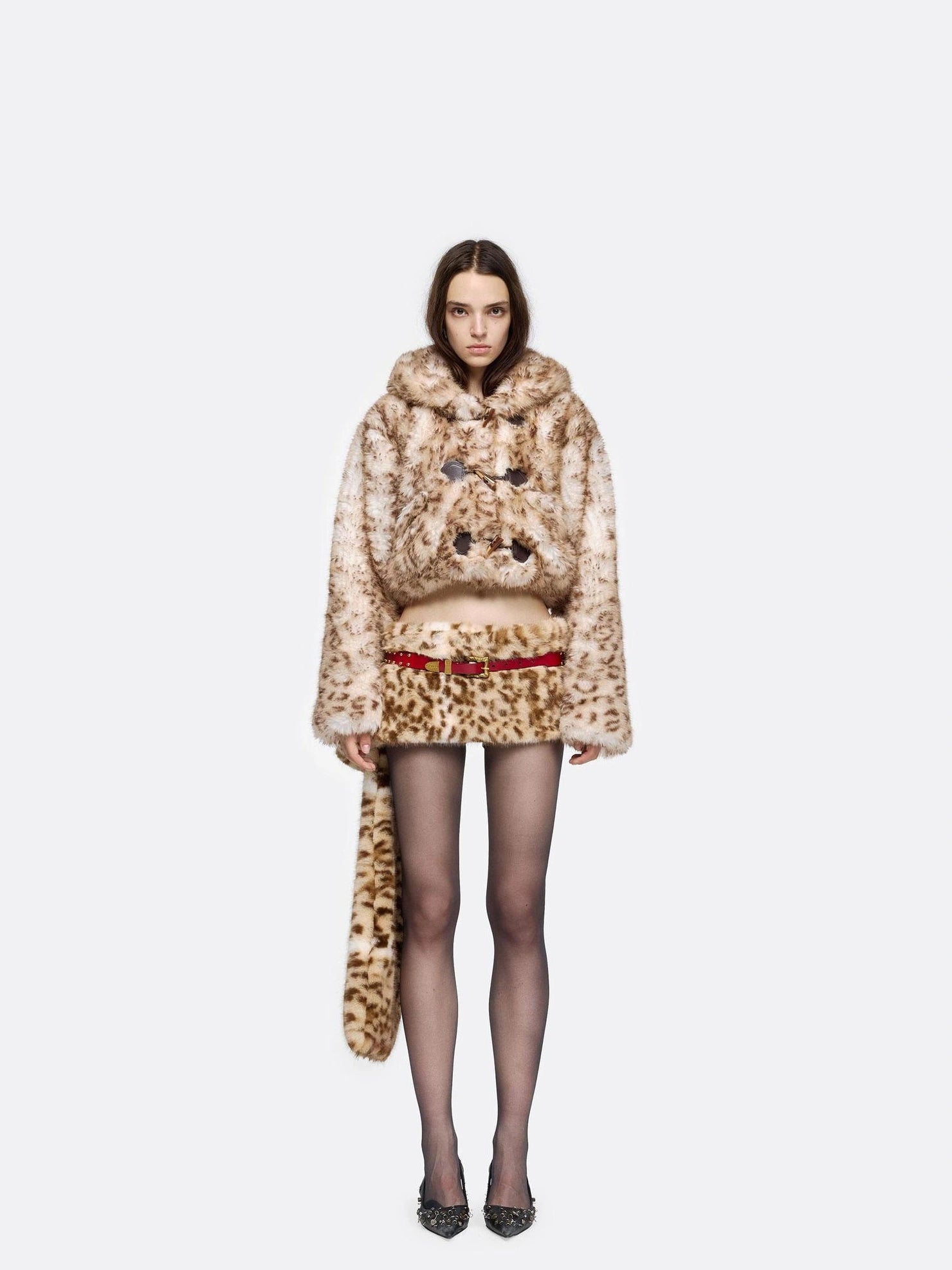 24ans Leopard Print Faux Fur Hooded Short Coat Jacket