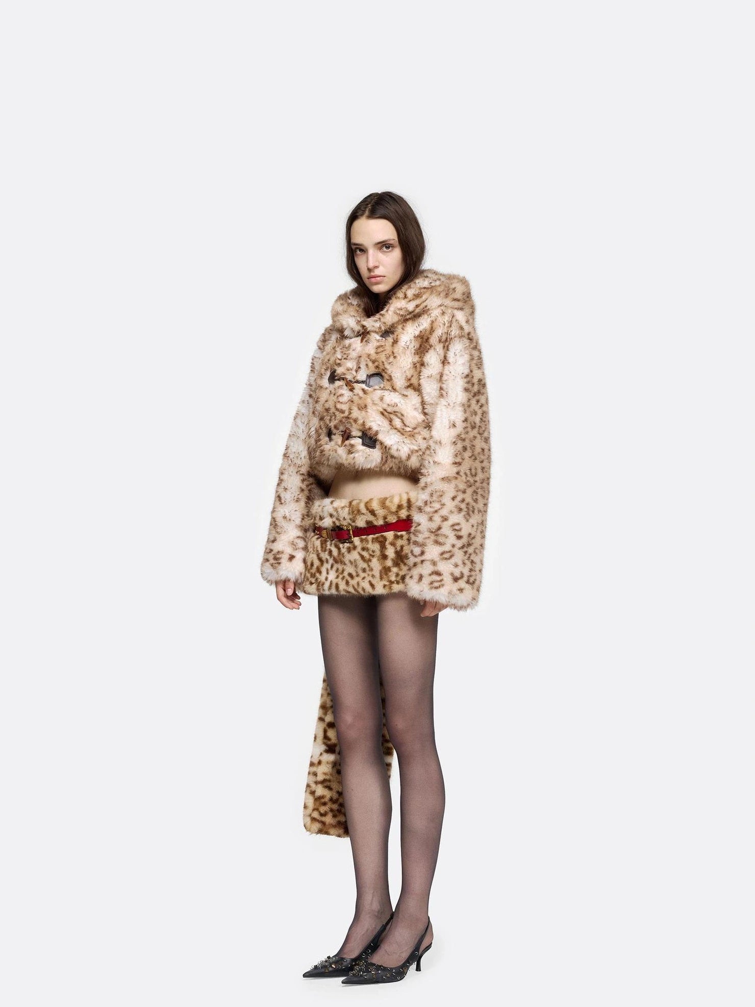 24ans Leopard Print Faux Fur Hooded Short Coat Jacket