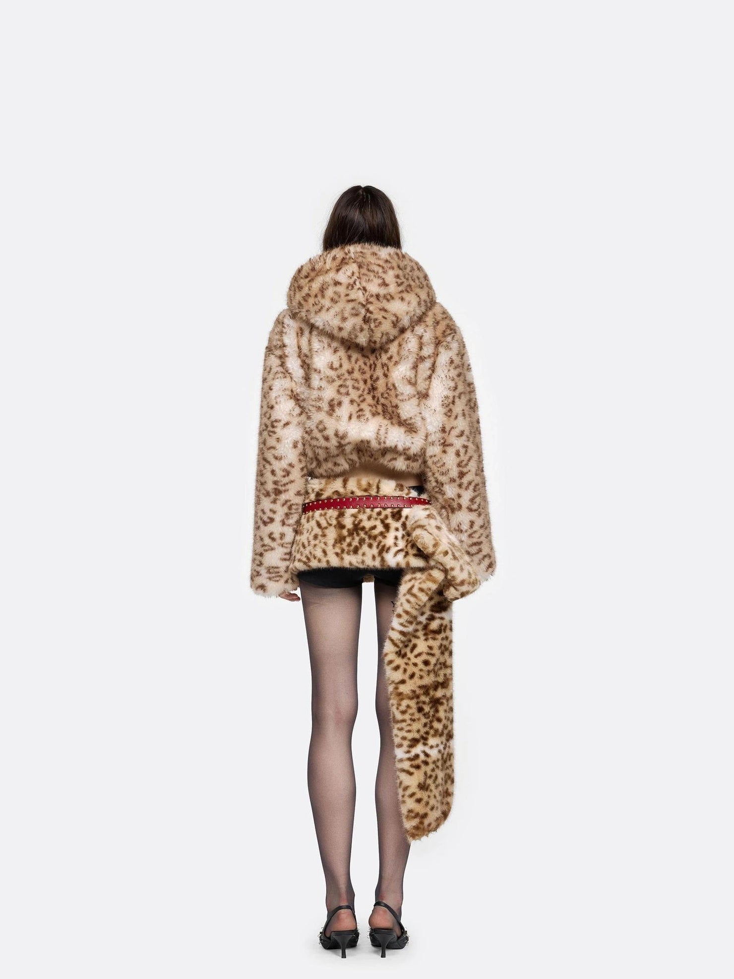24ans Leopard Print Faux Fur Hooded Short Coat Jacket
