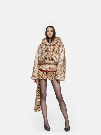 24ans Leopard Print Faux Fur Hooded Short Coat Jacket