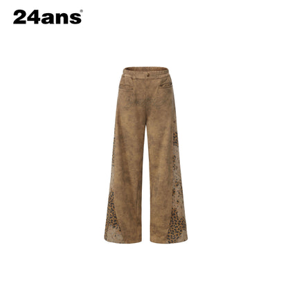 24ans Leopard Print Low Rise Button Fly Wide Leg Unisex 100% Cotton Sweatpants