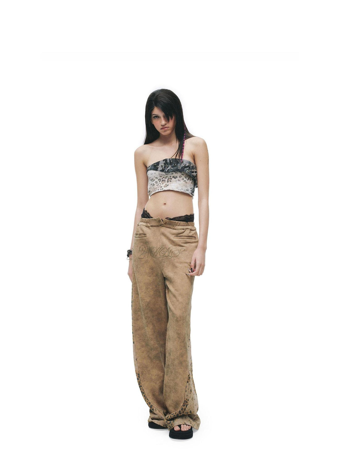 24ans Leopard Print Low Rise Button Fly Wide Leg Unisex 100% Cotton Sweatpants
