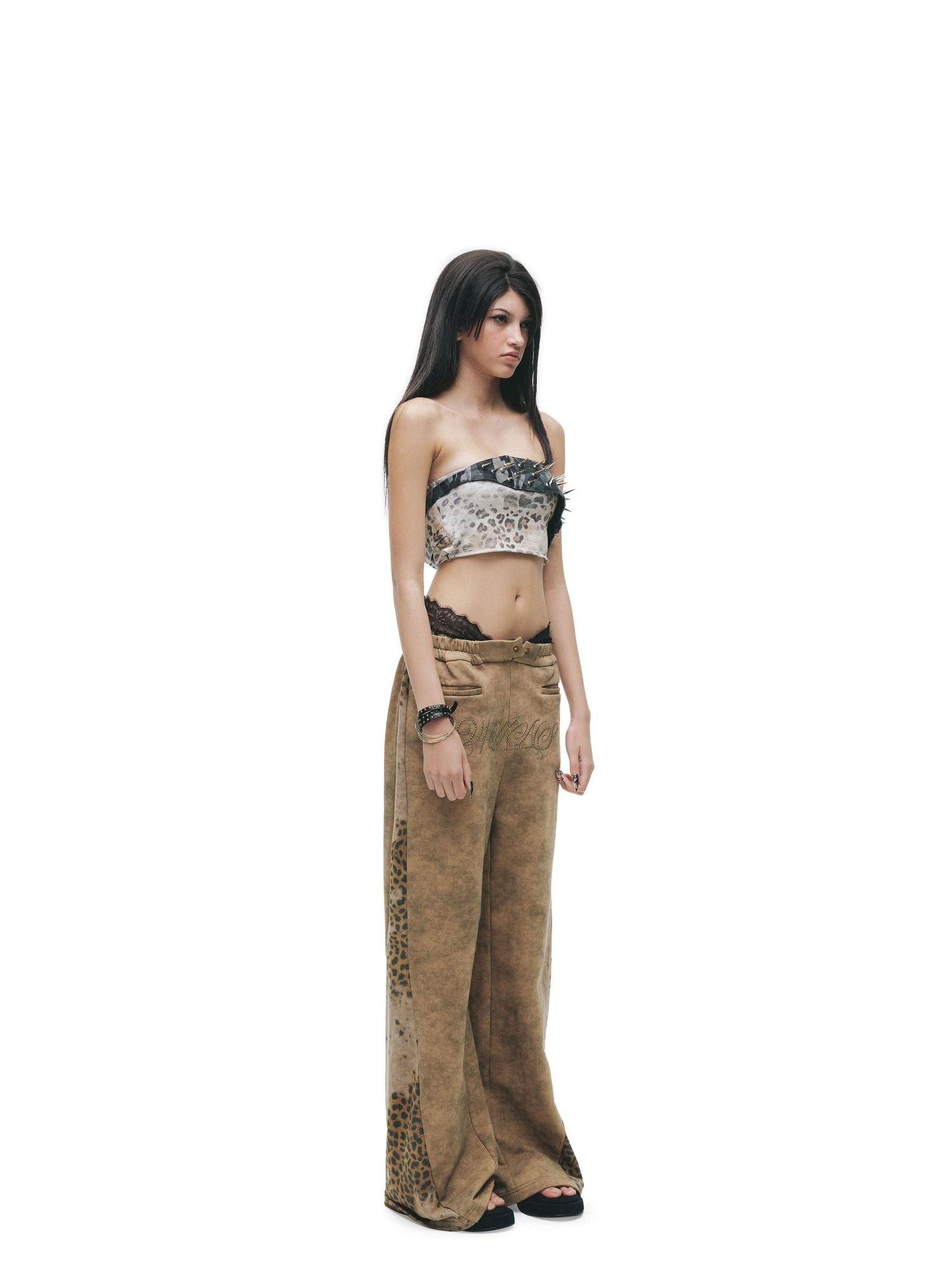 24ans Leopard Print Low Rise Button Fly Wide Leg Unisex 100% Cotton Sweatpants