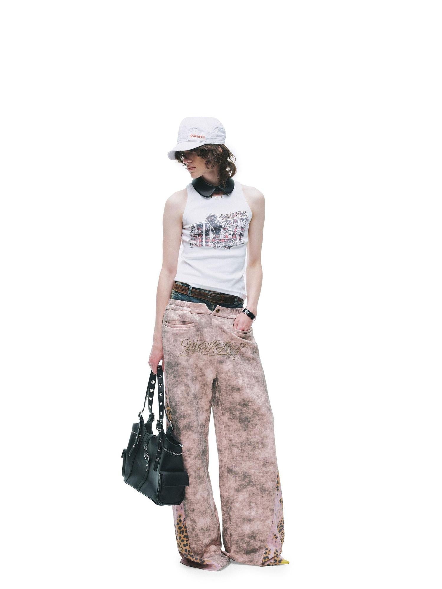 24ans Leopard Print Low Rise Button Fly Wide Leg Unisex 100% Cotton Sweatpants