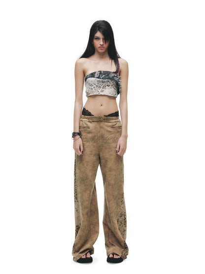 24ans Leopard Print Low Rise Button Fly Wide Leg Unisex 100% Cotton Sweatpants