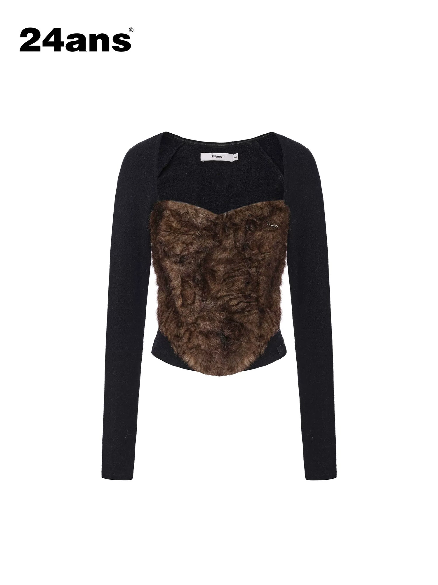 24ans Leopard Print Slim Fit Patchwork Cropped Long Sleeve Polyester Women T-Shirt-1