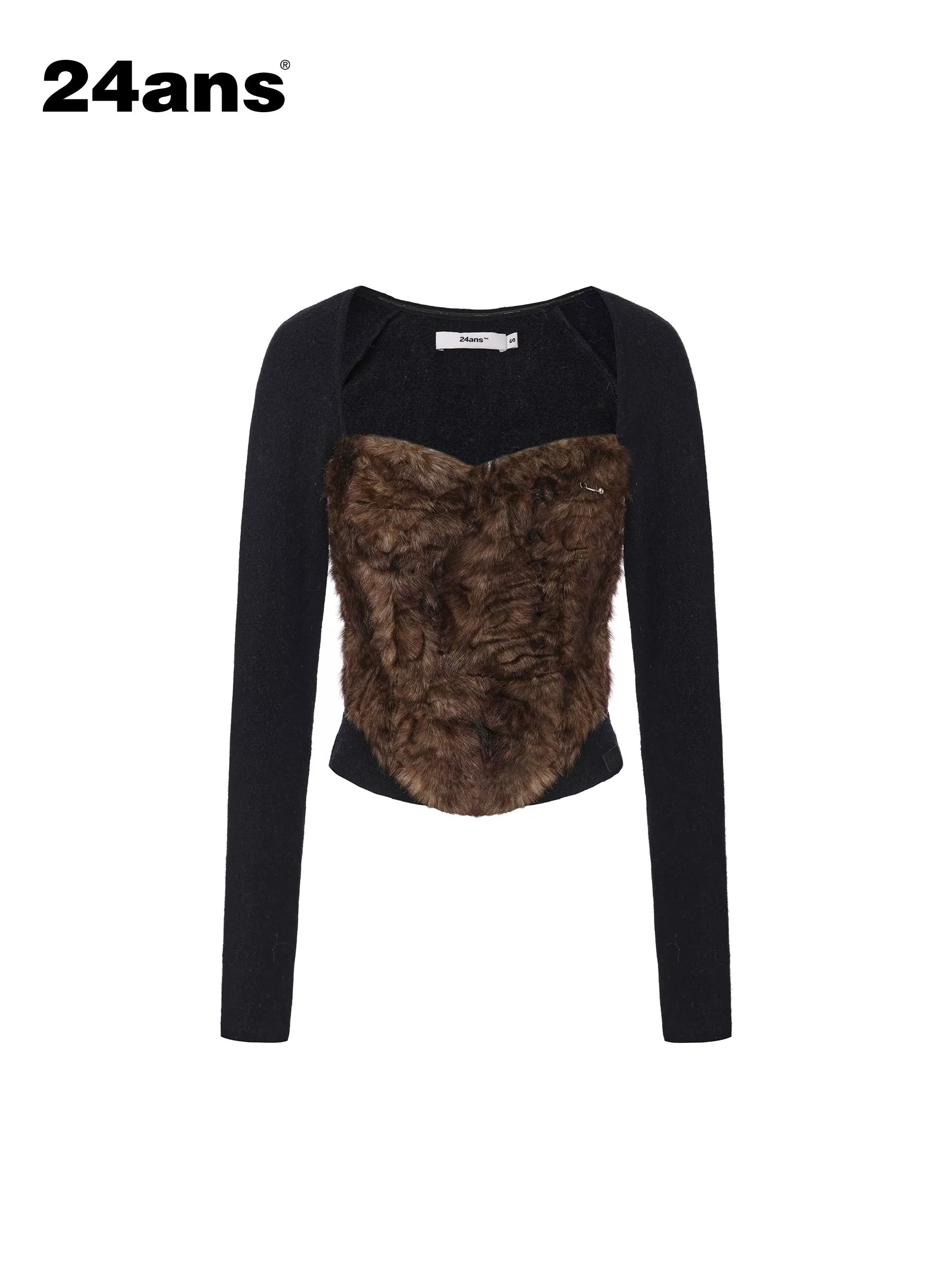 24ans Leopard Print Slim Fit Patchwork Cropped Long Sleeve Polyester Women T-Shirt-1