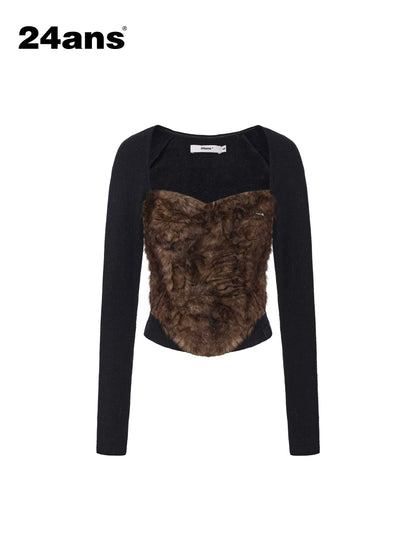 24ans Leopard Print Slim Fit Patchwork Cropped Long Sleeve Polyester Women T-Shirt-1