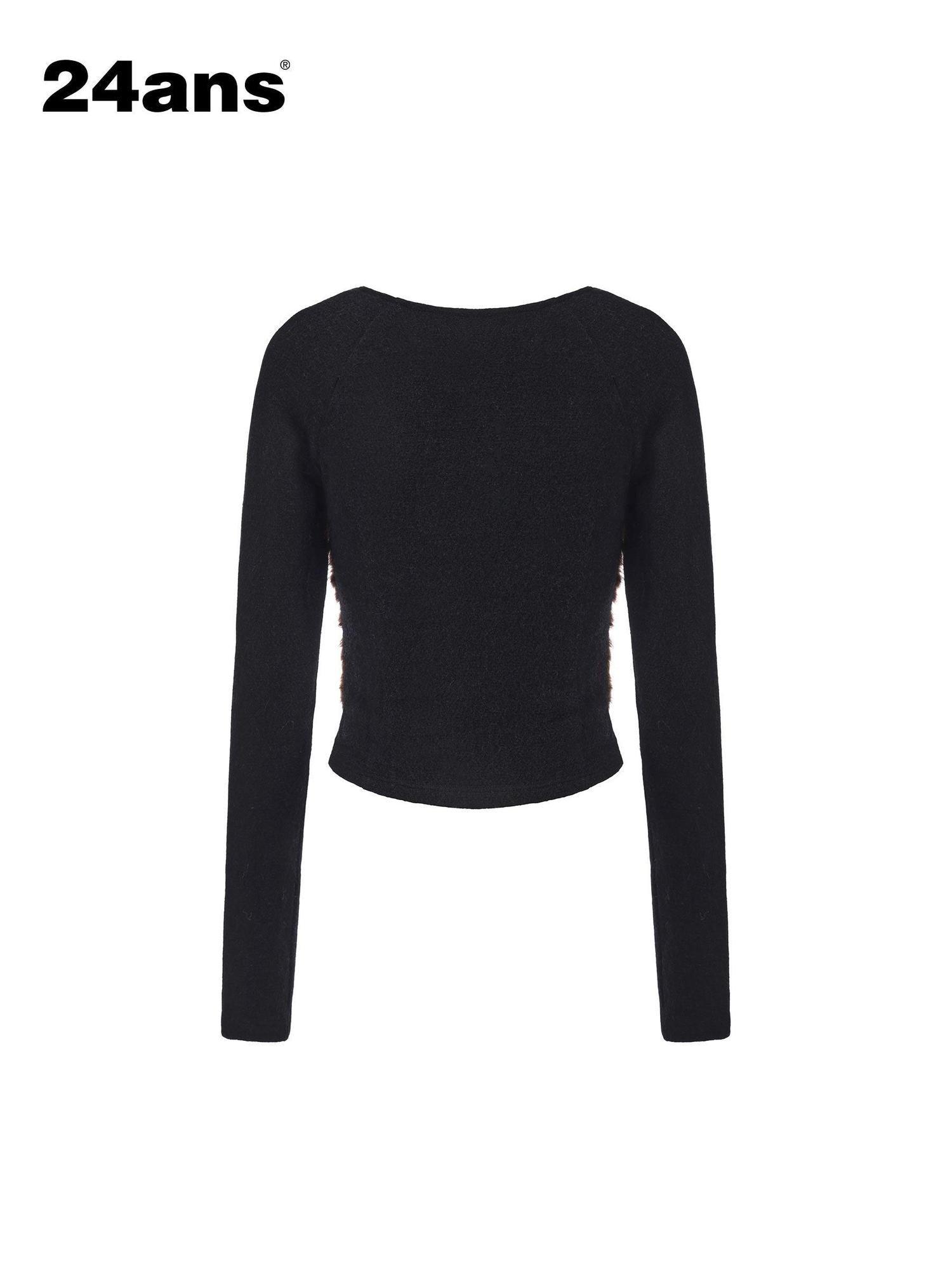 24ans Leopard Print Slim Fit Patchwork Cropped Long Sleeve Polyester Women T-Shirt