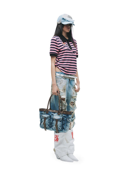 24ans Light Stretch Distressed Relaxed Fit Mid Rise Youth Casual Denim Cropped Jeans