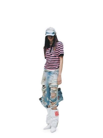 24ans Light Stretch Distressed Relaxed Fit Mid Rise Youth Casual Denim Cropped Jeans