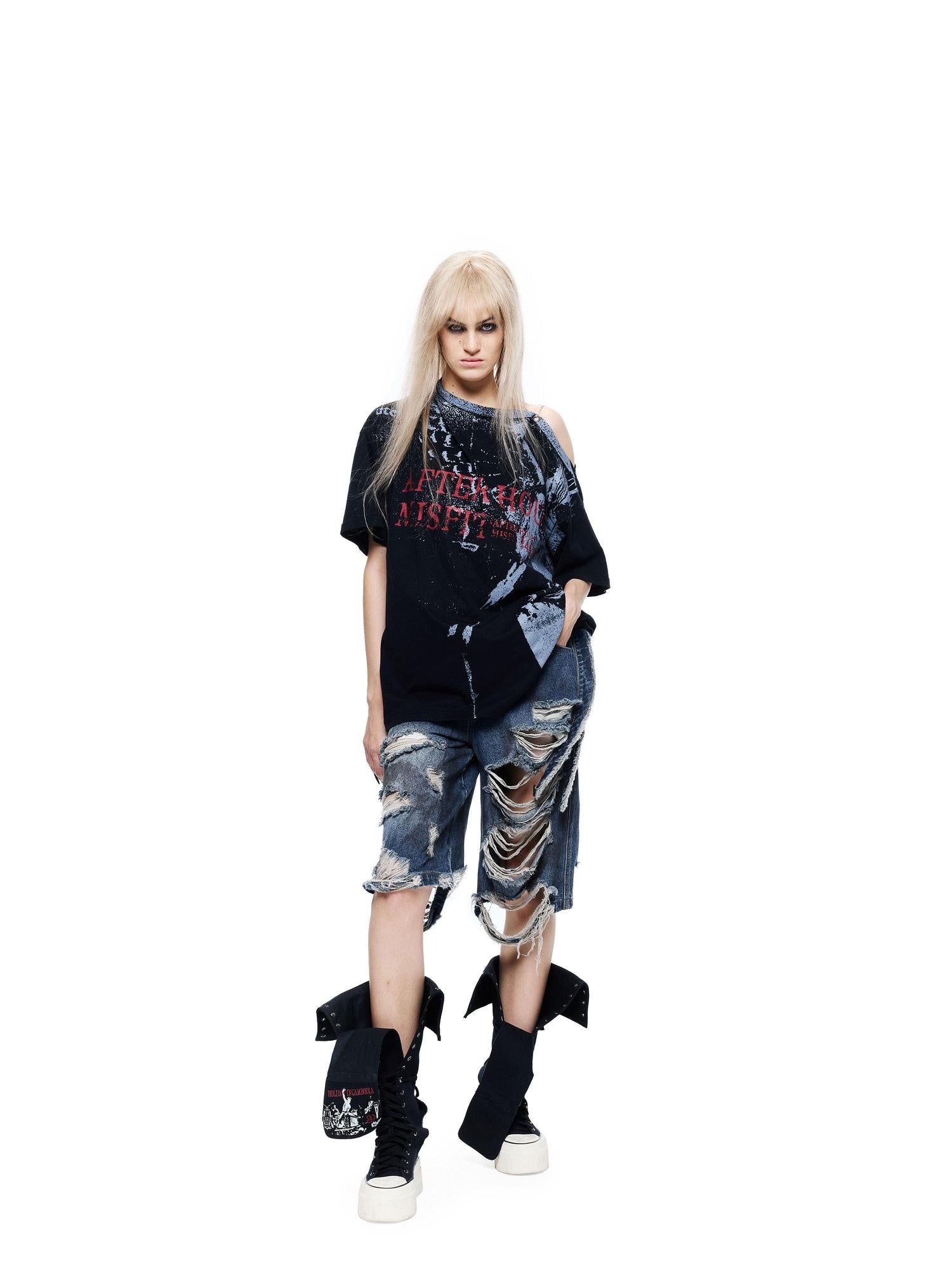 24ans Light Stretch Distressed Relaxed Fit Mid Rise Youth Casual Denim Cropped Jeans