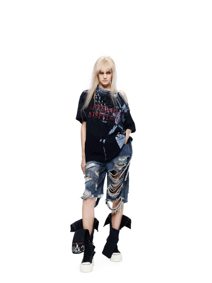 24ans Light Stretch Distressed Relaxed Fit Mid Rise Youth Casual Denim Cropped Jeans