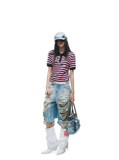 24ans Light Stretch Distressed Relaxed Fit Mid Rise Youth Casual Denim Cropped Jeans