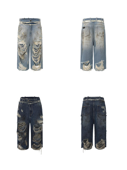 24ans Light Stretch Distressed Relaxed Fit Mid Rise Youth Casual Denim Cropped Jeans