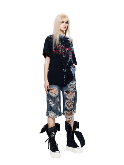 24ans Light Stretch Distressed Relaxed Fit Mid Rise Youth Casual Denim Cropped Jeans