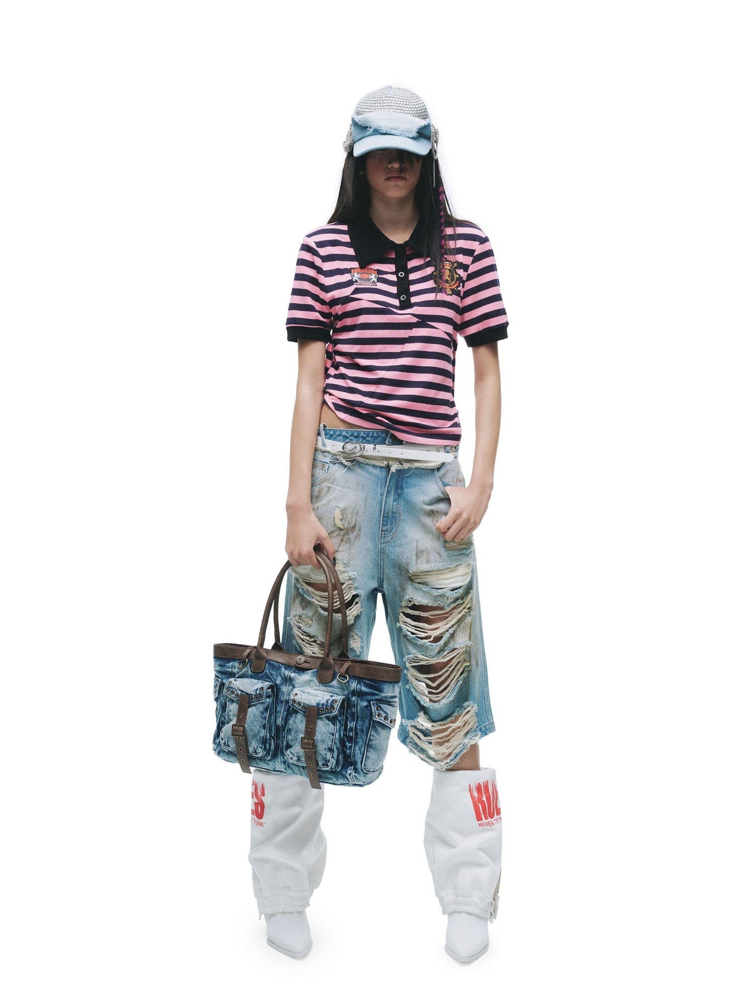 24ans Light Stretch Distressed Relaxed Fit Mid Rise Youth Casual Denim Cropped Jeans