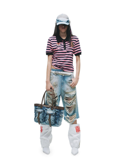 24ans Light Stretch Distressed Relaxed Fit Mid Rise Youth Casual Denim Cropped Jeans