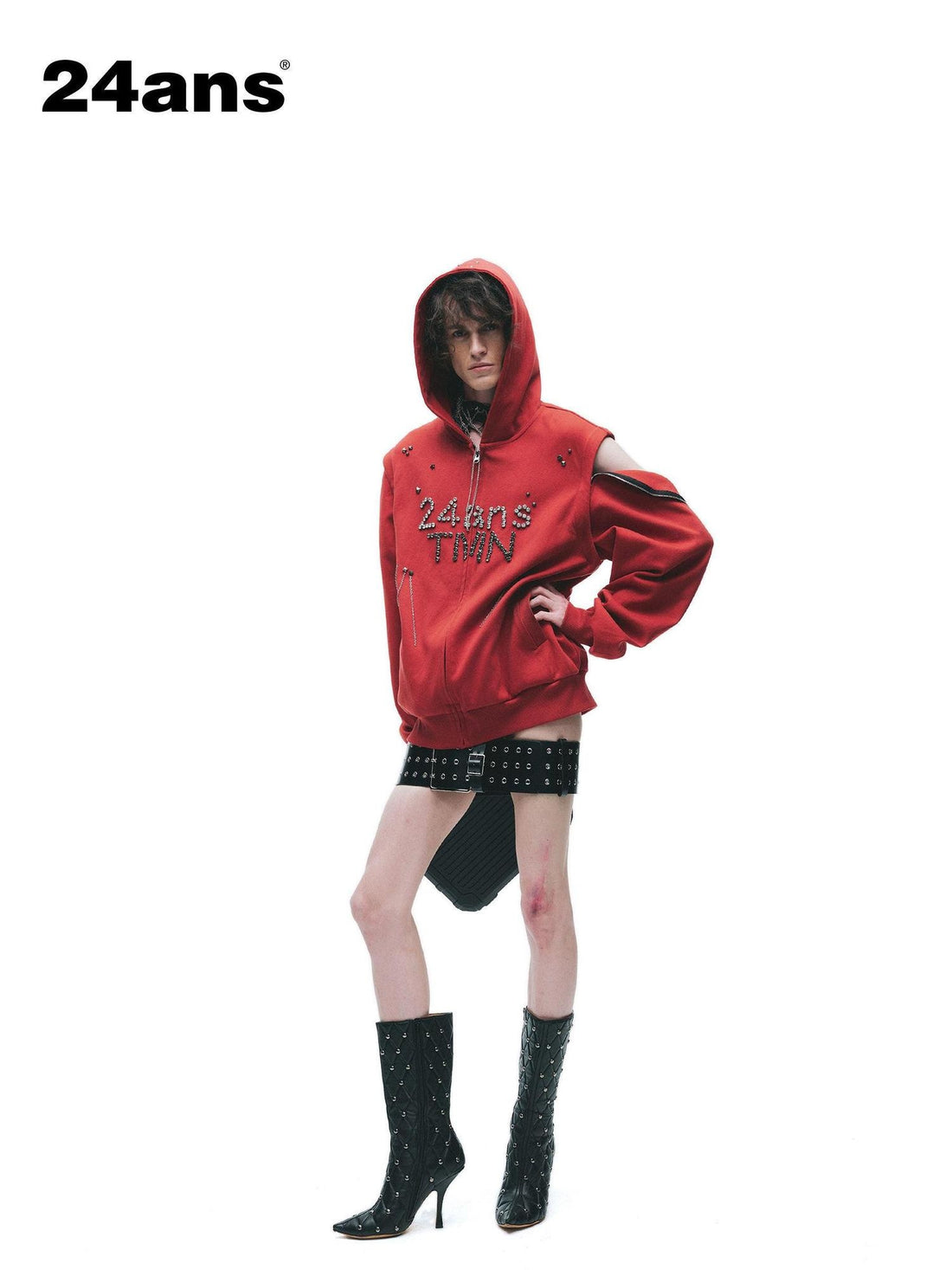 24ans Lightweight Hooded Loose Fit Zip Pullover Unisex Letter Print Sweatshirts