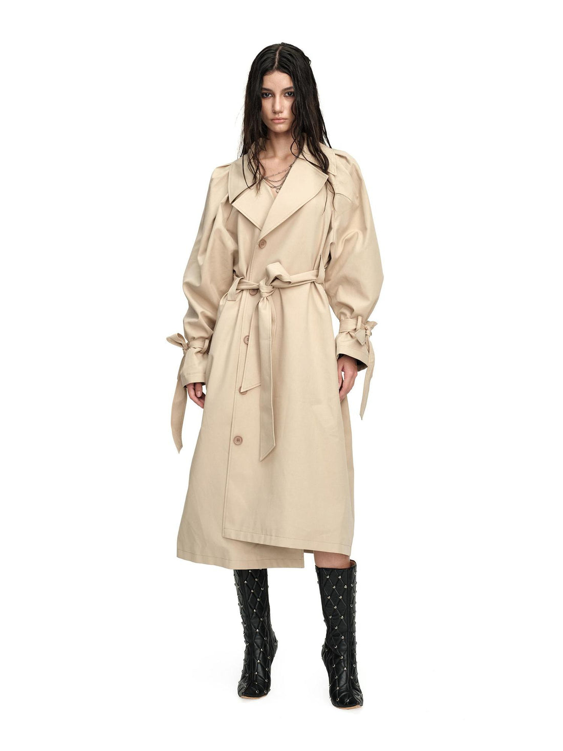 24ans Long Trench Coat In Khaki And Blue Check