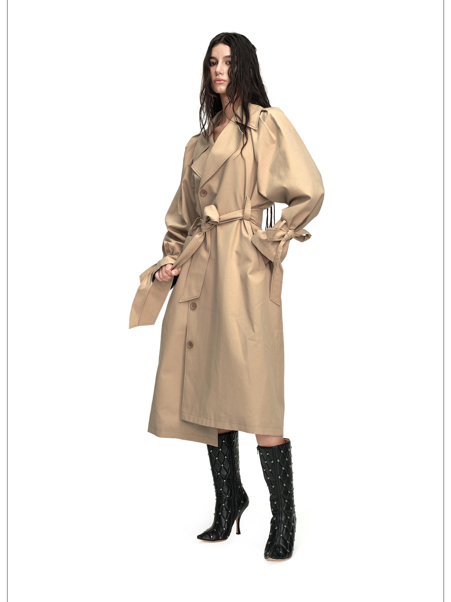 24ans Long Trench Coat In Khaki And Blue Check