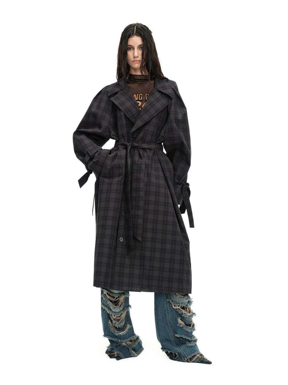 24ans Long Trench Coat In Khaki And Blue Check