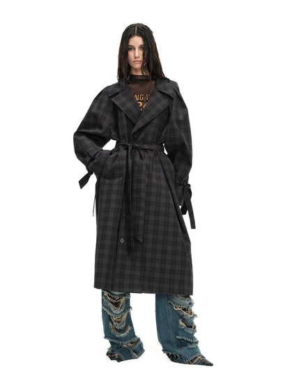 24ans Long Trench Coat In Khaki And Blue Check