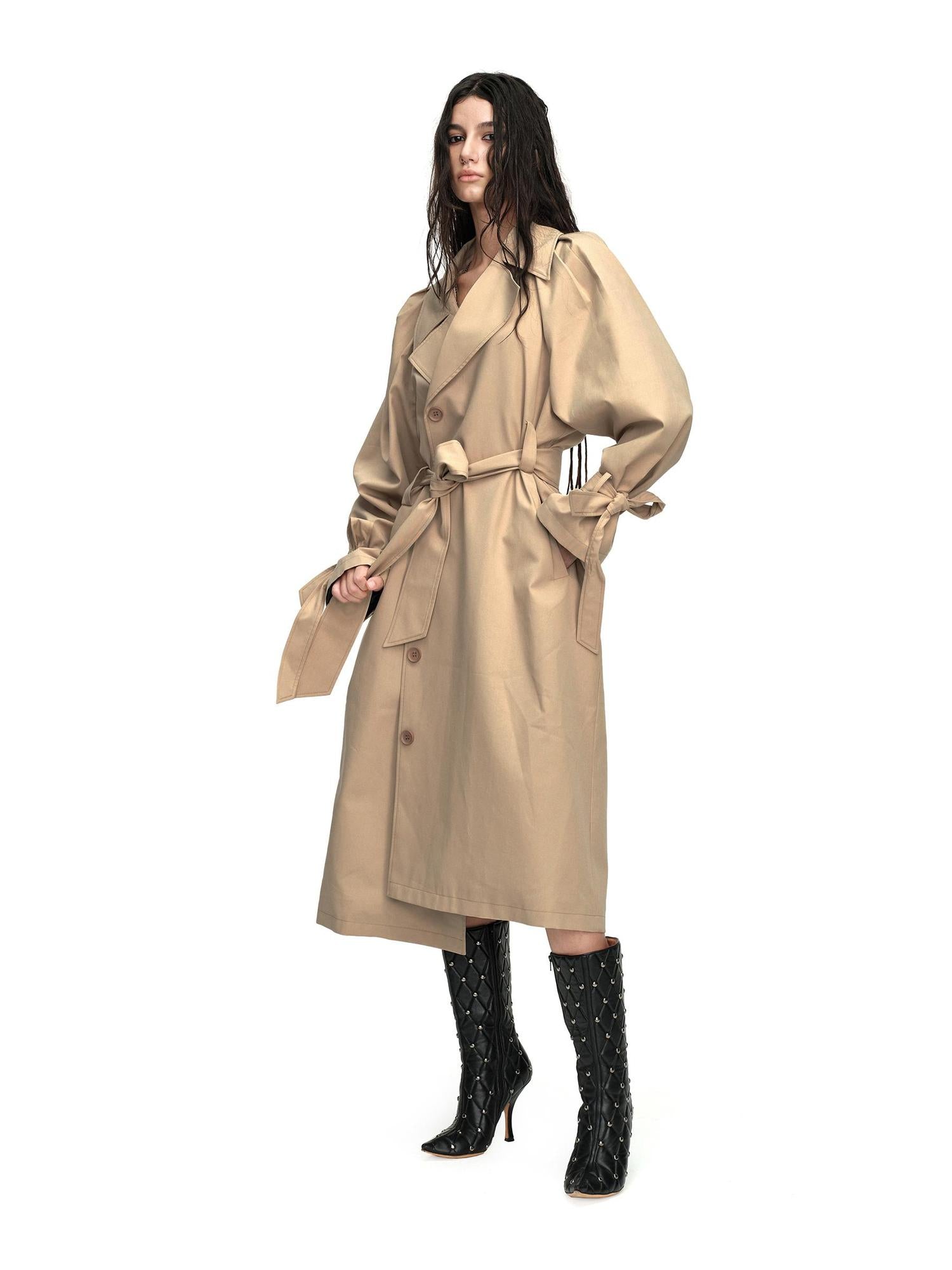 24ans Long Trench Coat In Khaki And Blue Check