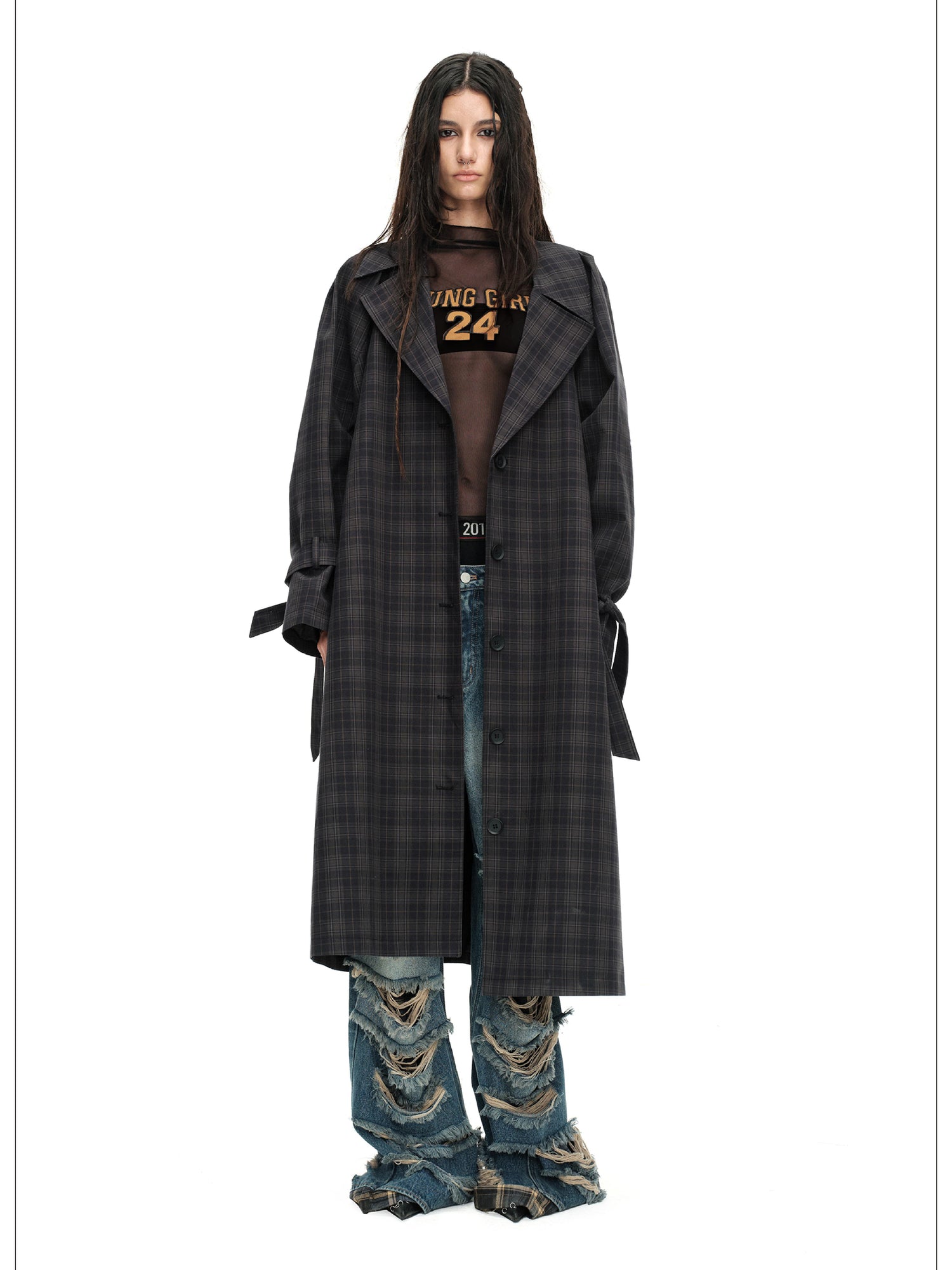 24ans Long Trench Coat In Khaki And Blue Check