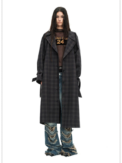 24ans Long Trench Coat In Khaki And Blue Check