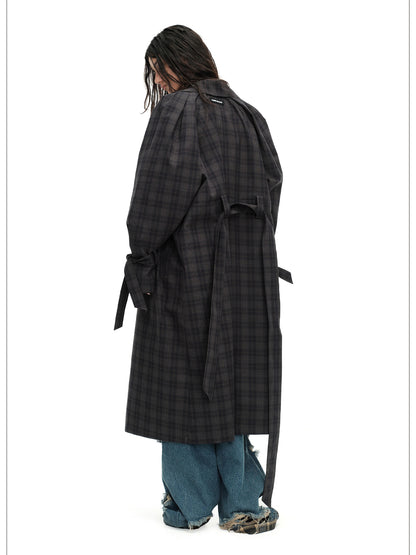 24ans Long Trench Coat In Khaki And Blue Check