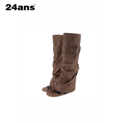 24ans Mid Heel Tall Buckle Western Round Toe Youth Casual Gray Brown Camo Boots