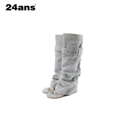 24ans Mid Heel Tall Buckle Western Round Toe Youth Casual Gray Brown Camo Boots