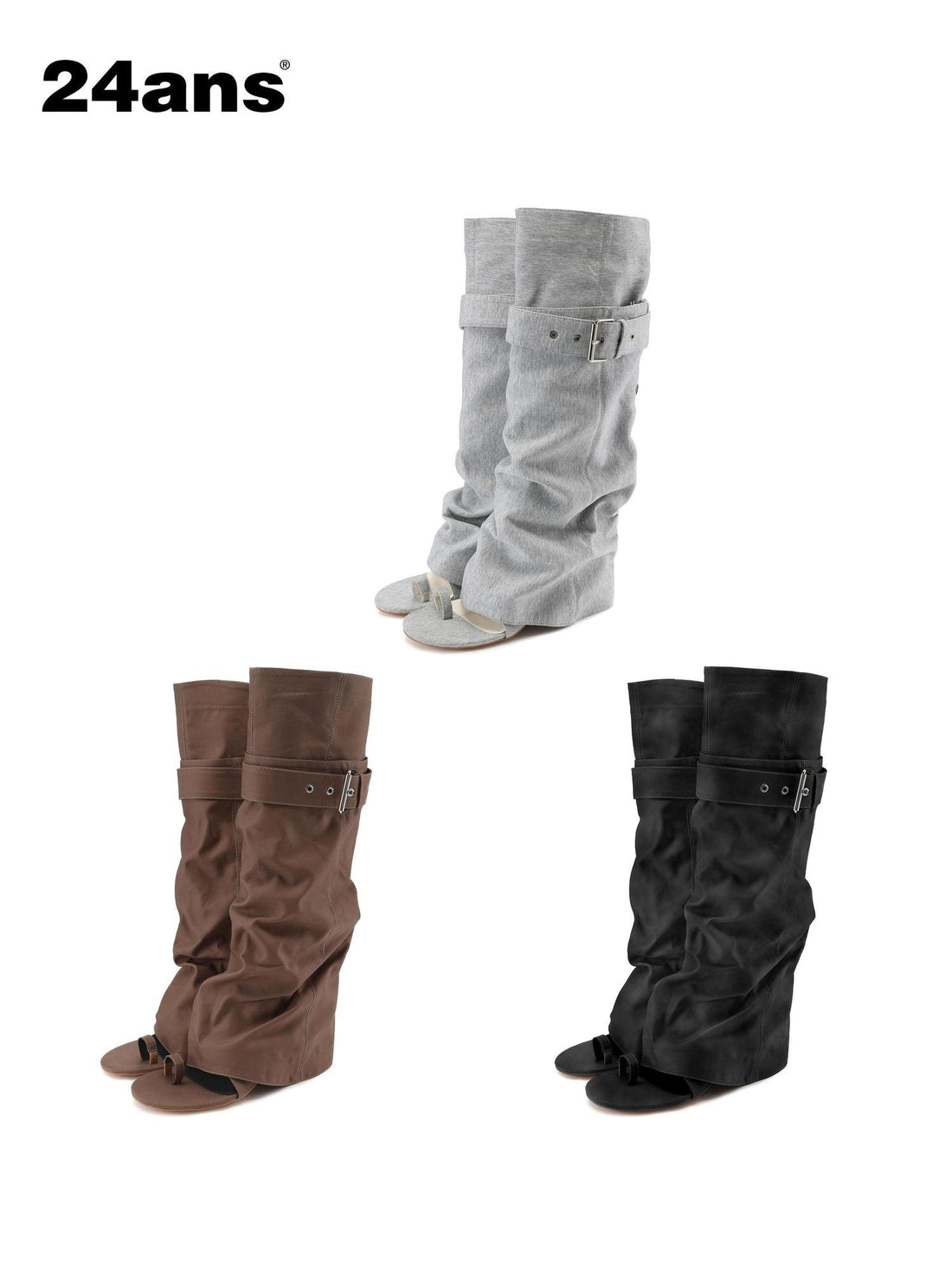 24ans Mid Heel Tall Buckle Western Round Toe Youth Casual Gray Brown Camo Boots