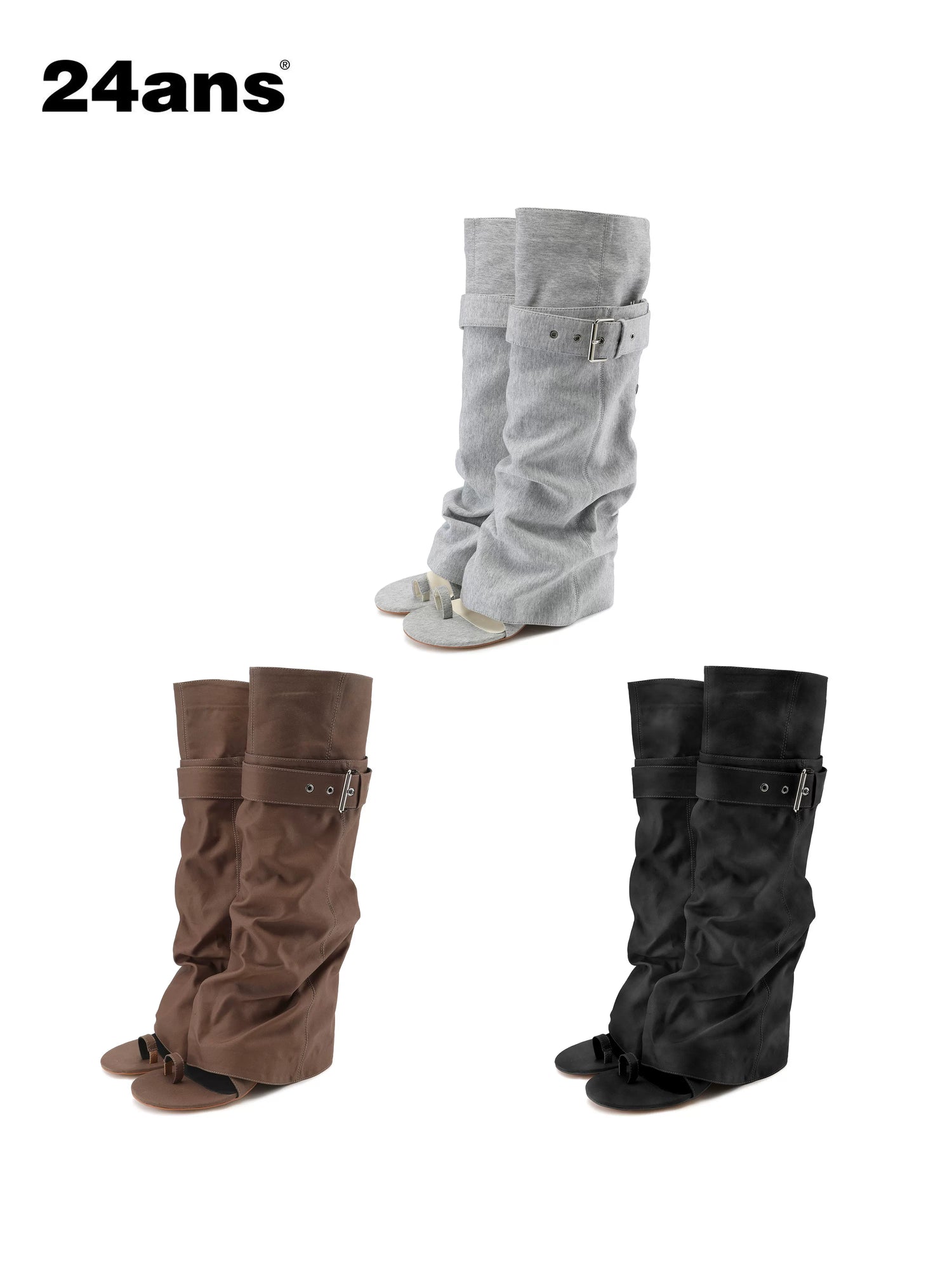 24ans Mid Heel Tall Buckle Western Round Toe Youth Casual Gray Brown Camo Boots-1