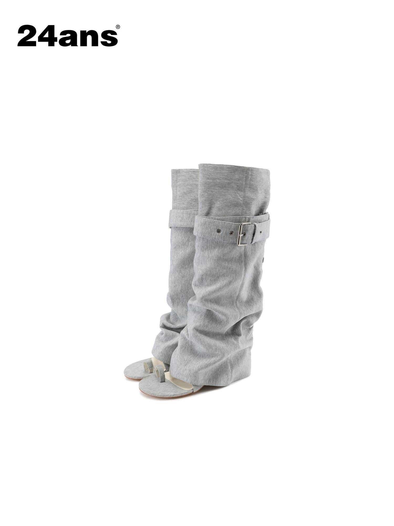 24ans Mid Heel Tall Buckle Western Round Toe Youth Casual Gray Brown Camo Boots