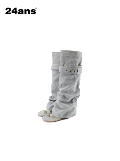 24ans Mid Heel Tall Buckle Western Round Toe Youth Casual Gray Brown Camo Boots-2