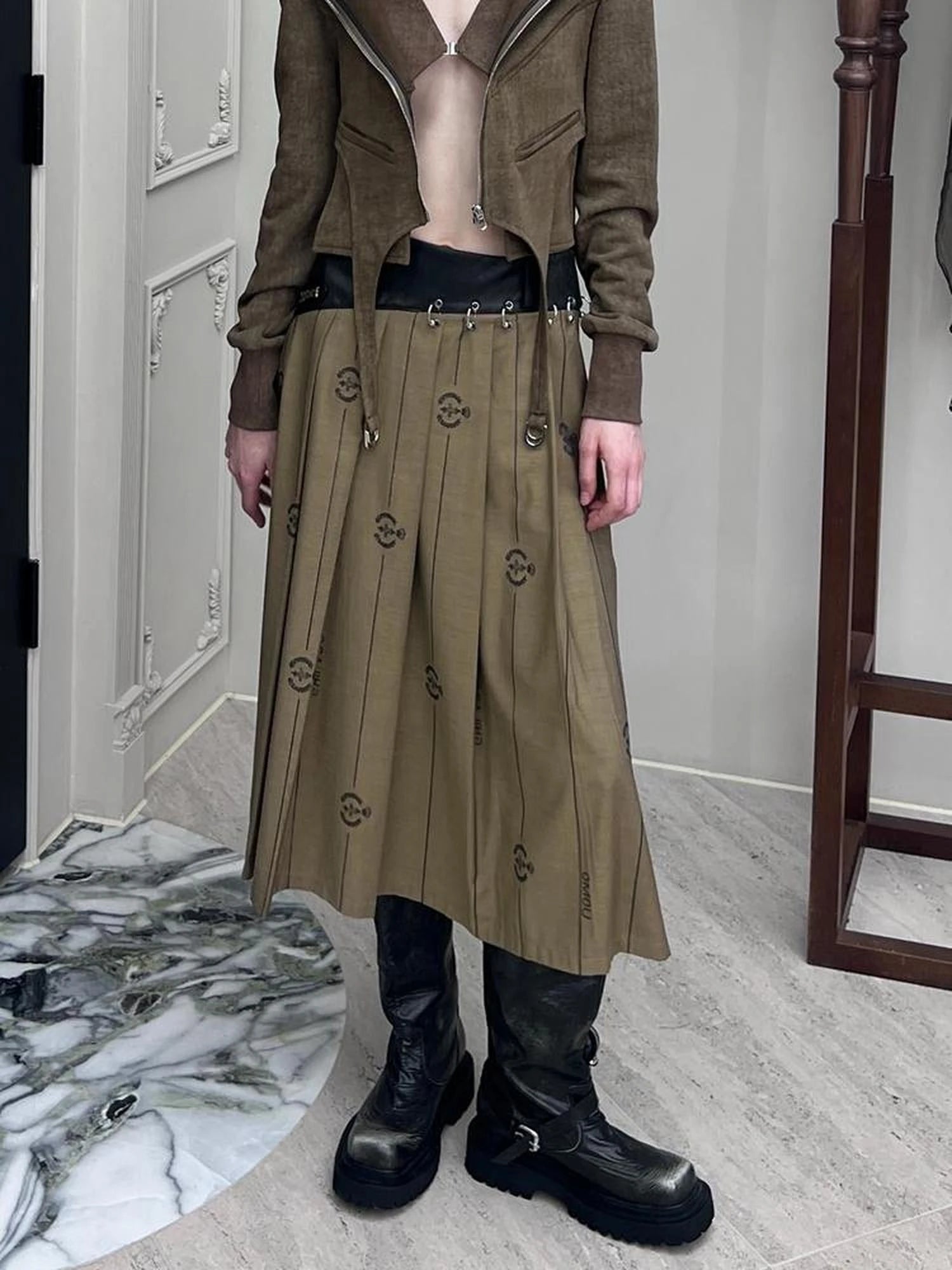 Mid Length Cotton Blend Pleated Skirt