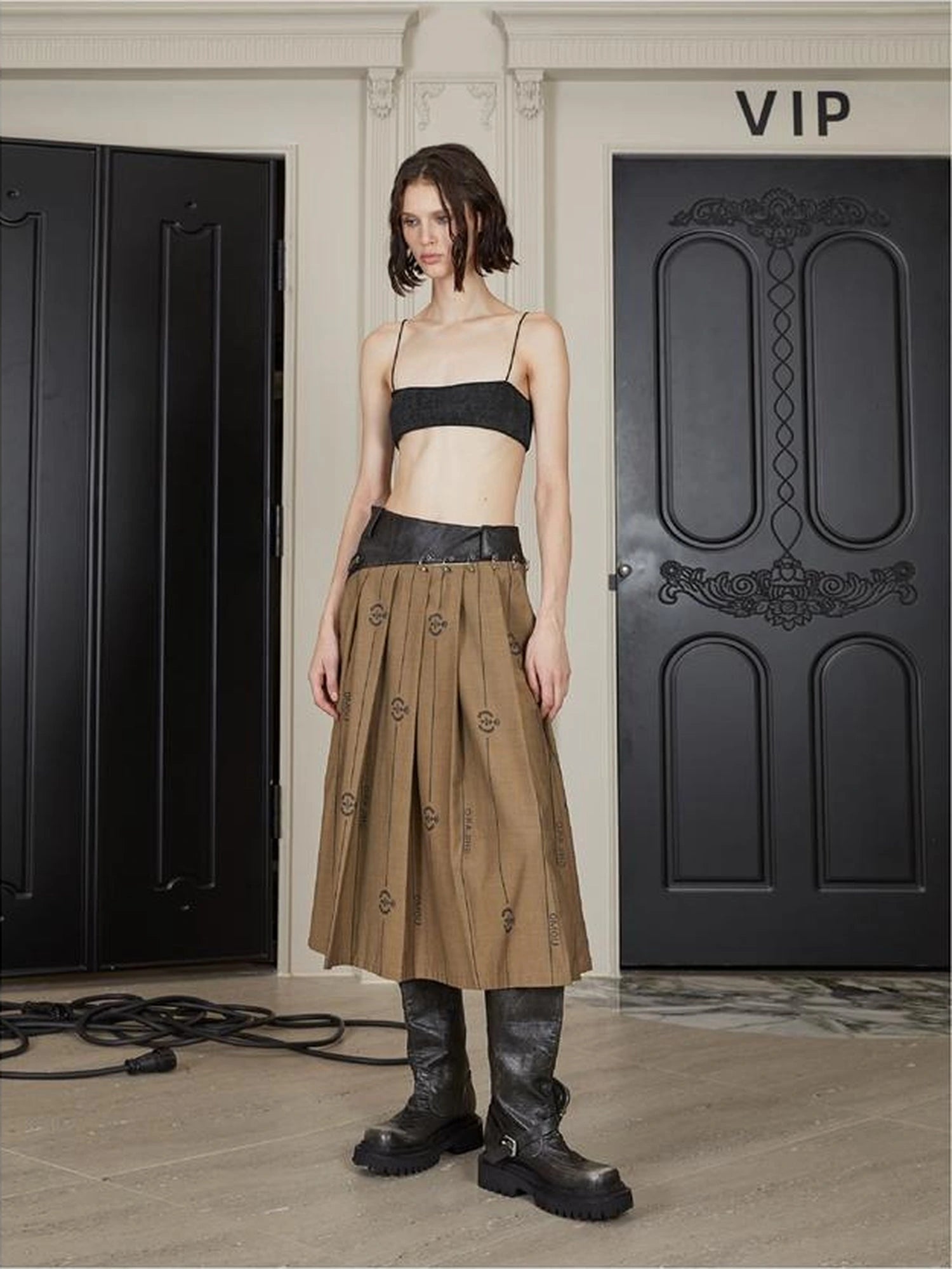 Mid Length Cotton Blend Pleated Skirt
