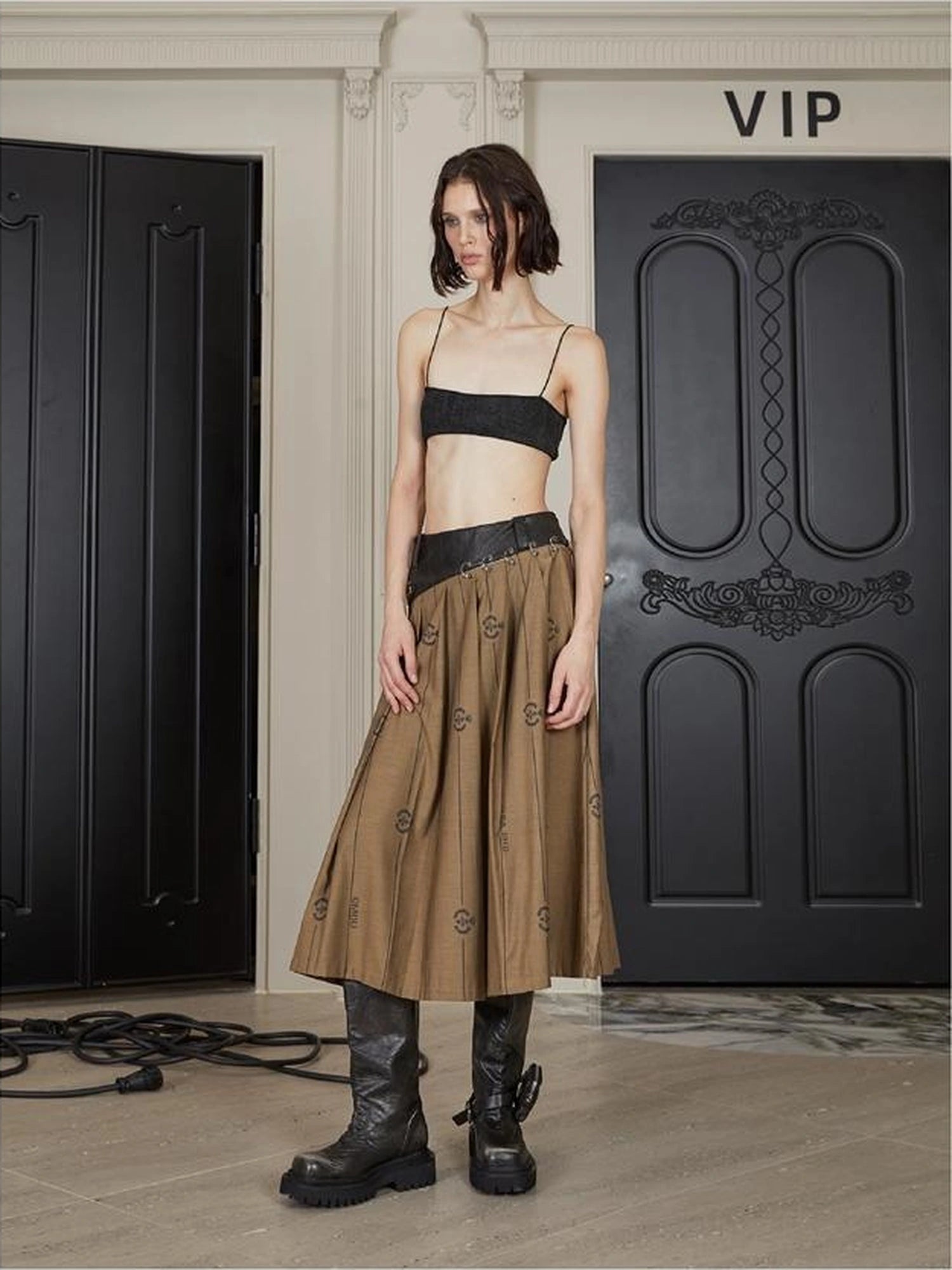 Mid Length Cotton Blend Pleated Skirt