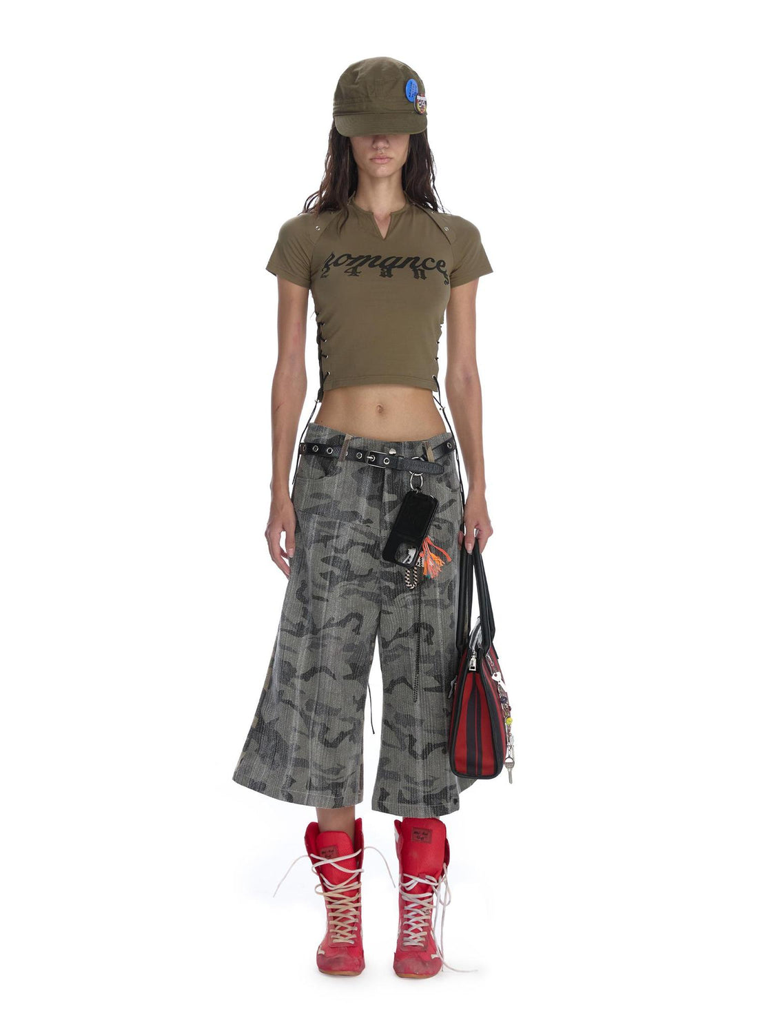 24ans Multifunctional Letter Print Back Lace High Waisted Slim Fit Tee