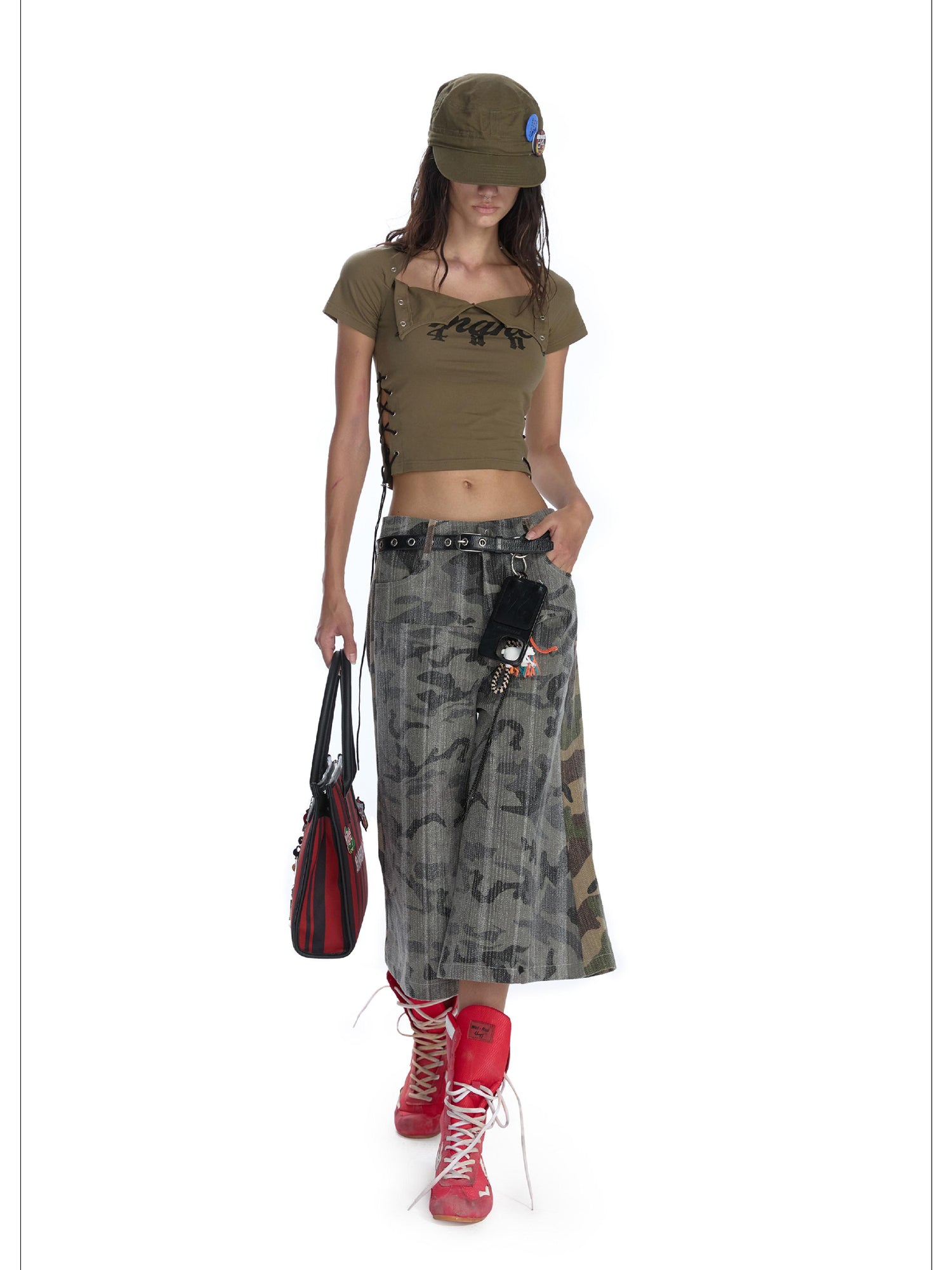 24ans Multifunctional Letter Print Back Lace High Waisted Slim Fit Tee