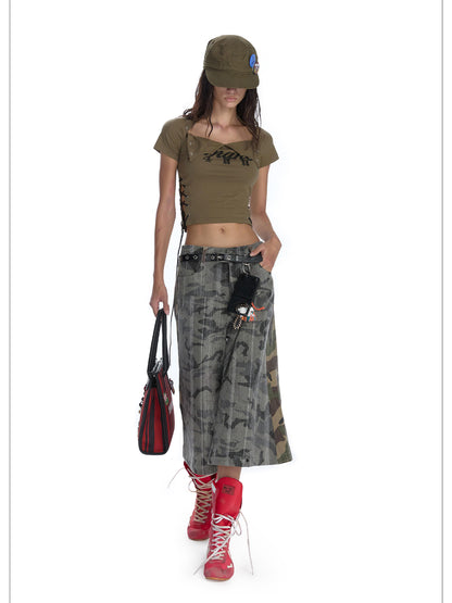 24ans Multifunctional Letter Print Back Lace High Waisted Slim Fit Tee