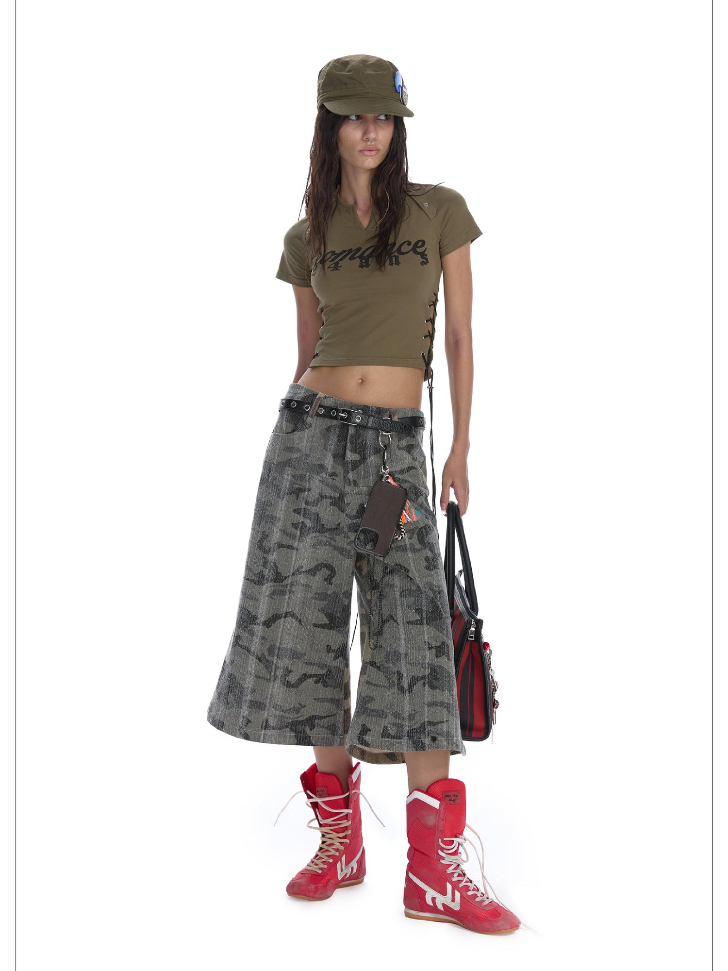 24ans Multifunctional Letter Print Back Lace High Waisted Slim Fit Tee