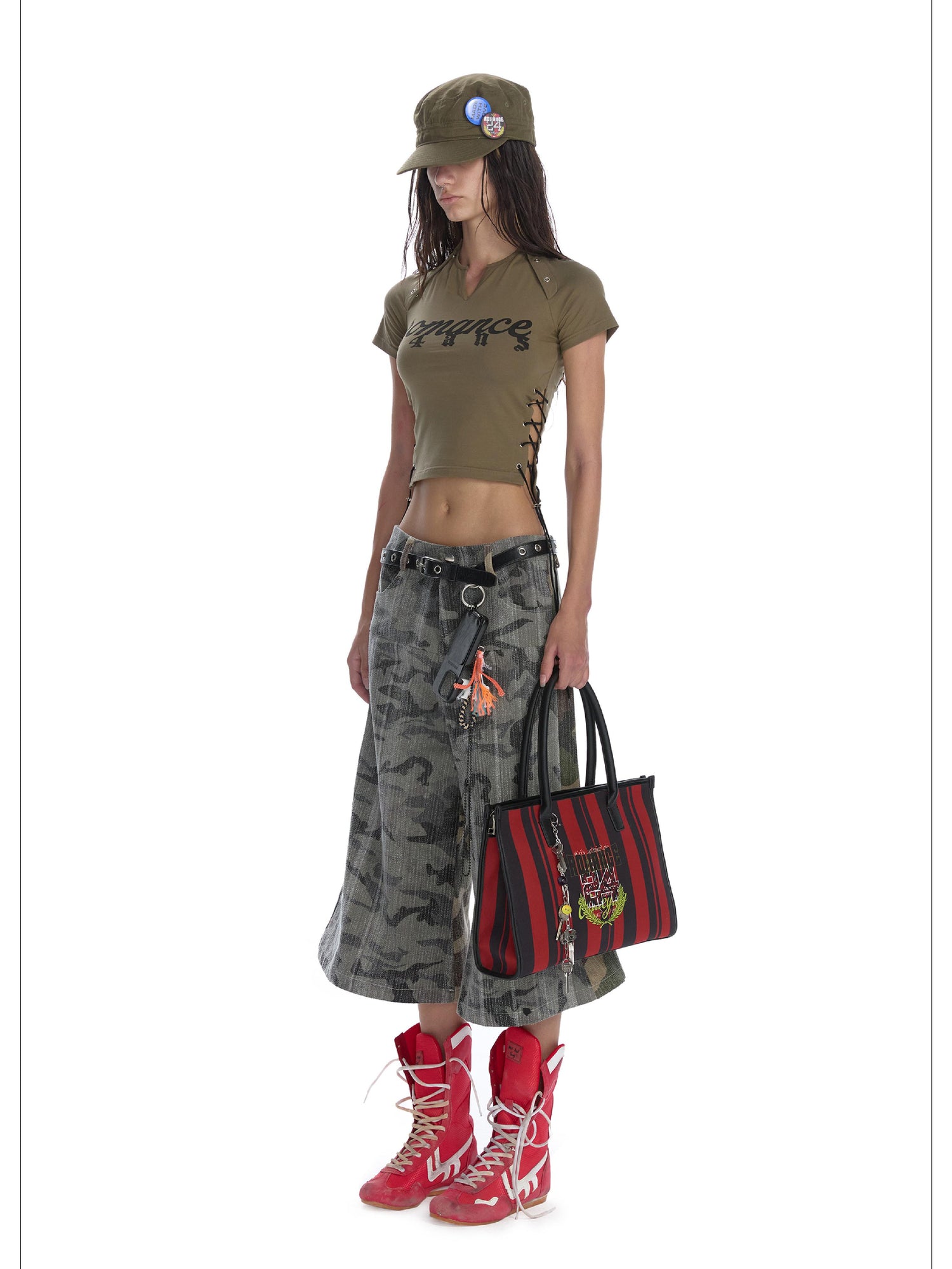24ans Multifunctional Letter Print Back Lace High Waisted Slim Fit Tee