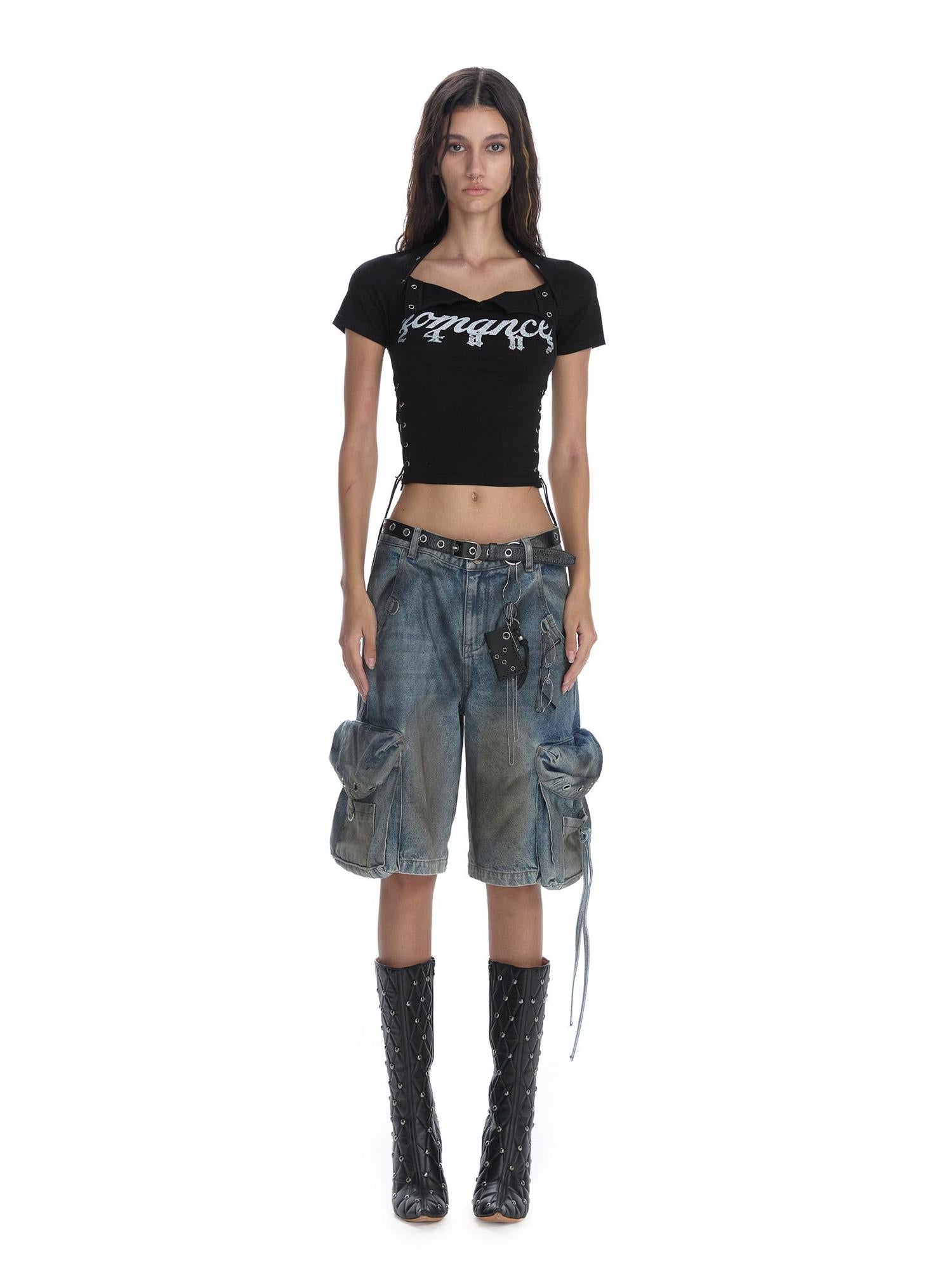 24ans Multifunctional Letter Print Back Lace High Waisted Slim Fit Tee