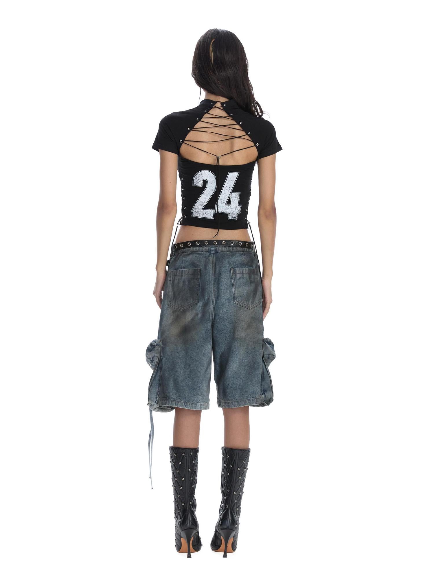 24ans Multifunctional Letter Print Back Lace High Waisted Slim Fit Tee
