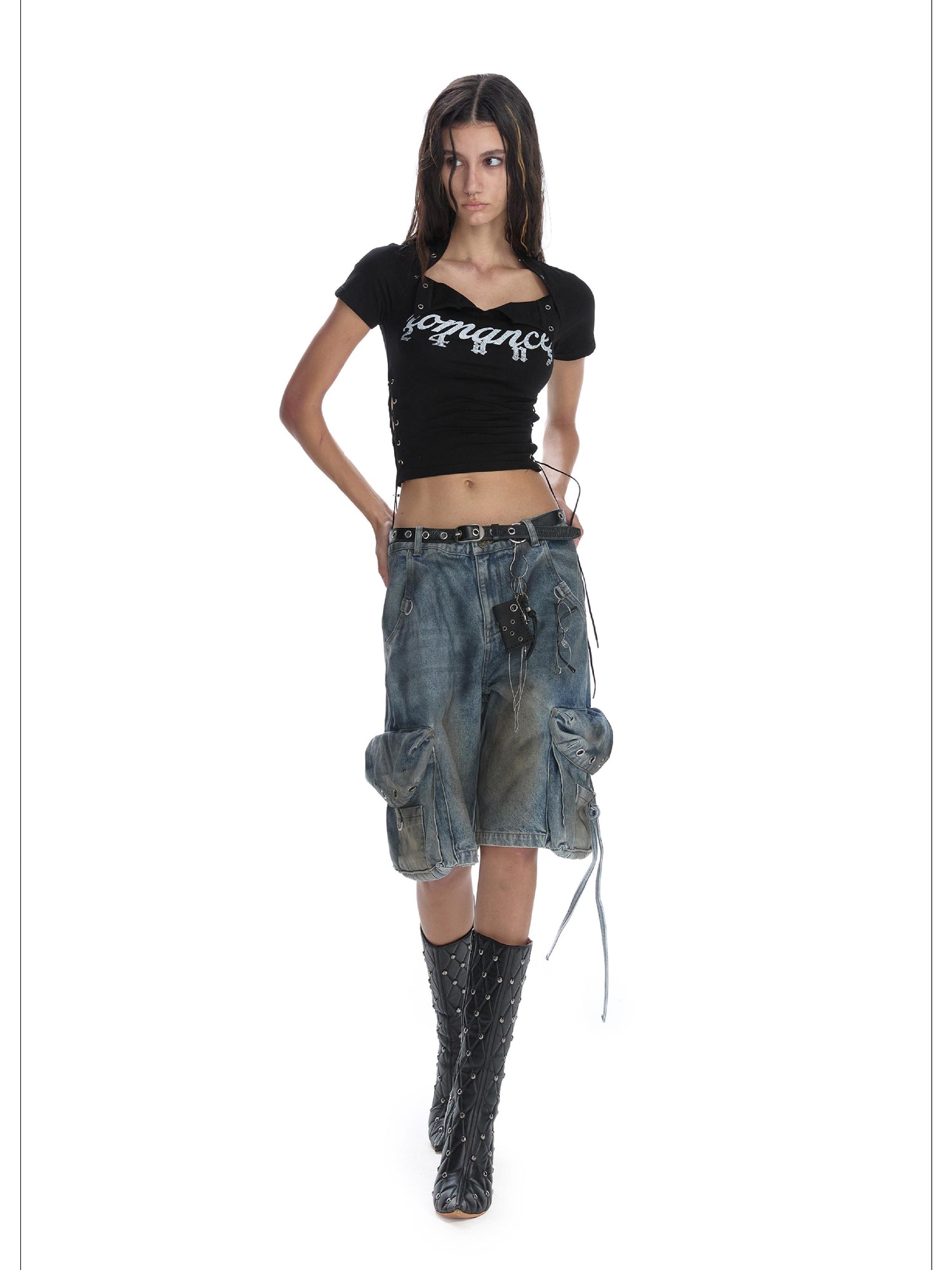 24ans Multifunctional Letter Print Back Lace High Waisted Slim Fit Tee