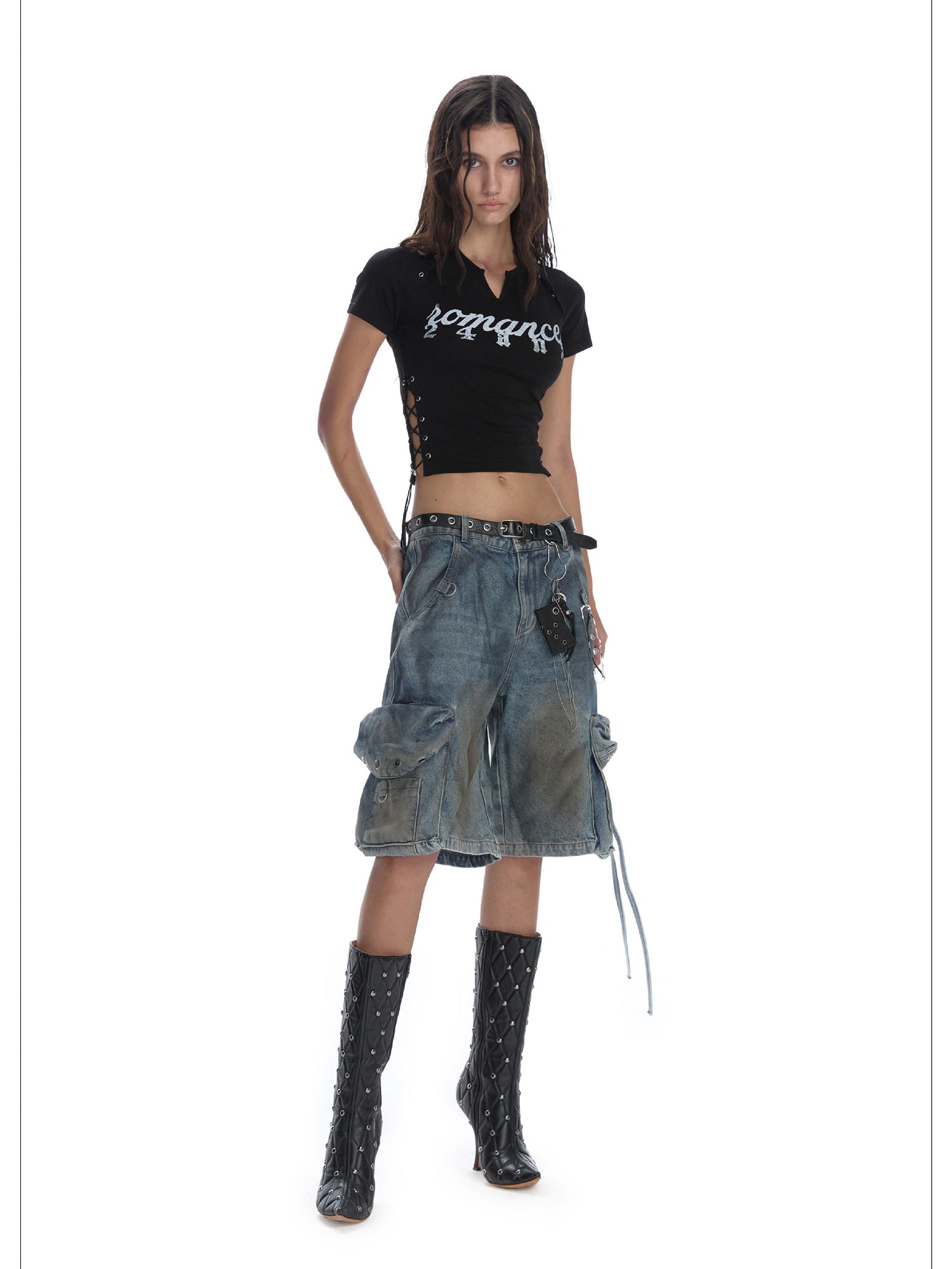 24ans Multifunctional Letter Print Back Lace High Waisted Slim Fit Tee
