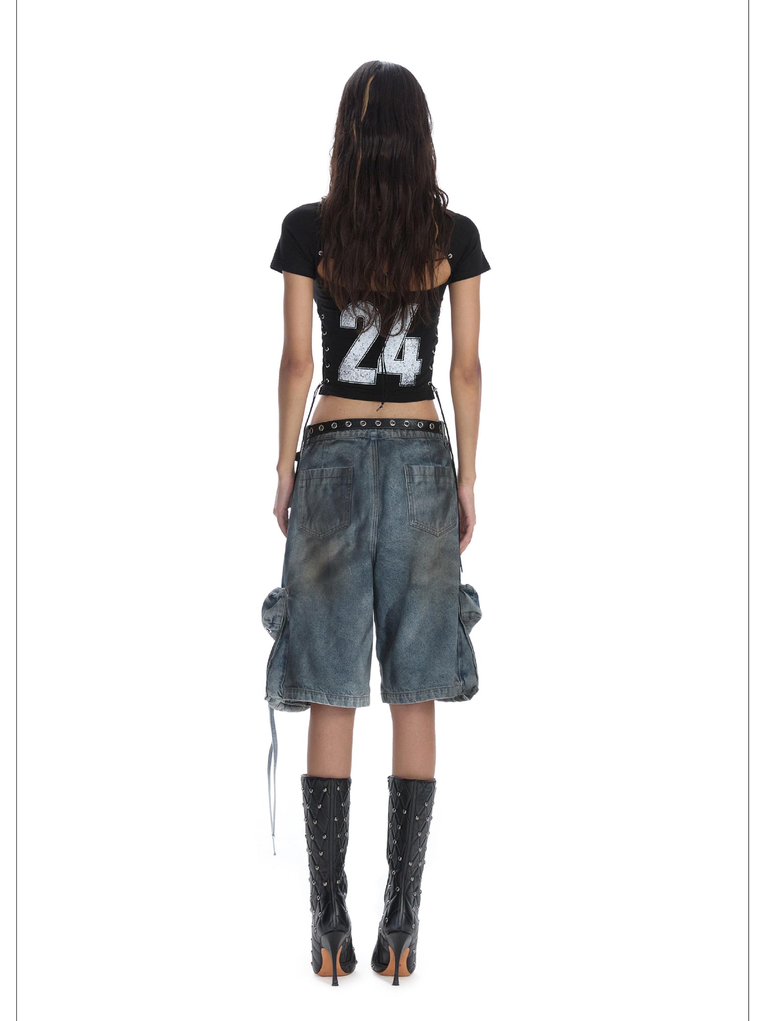 24ans Multifunctional Letter Print Back Lace High Waisted Slim Fit Tee